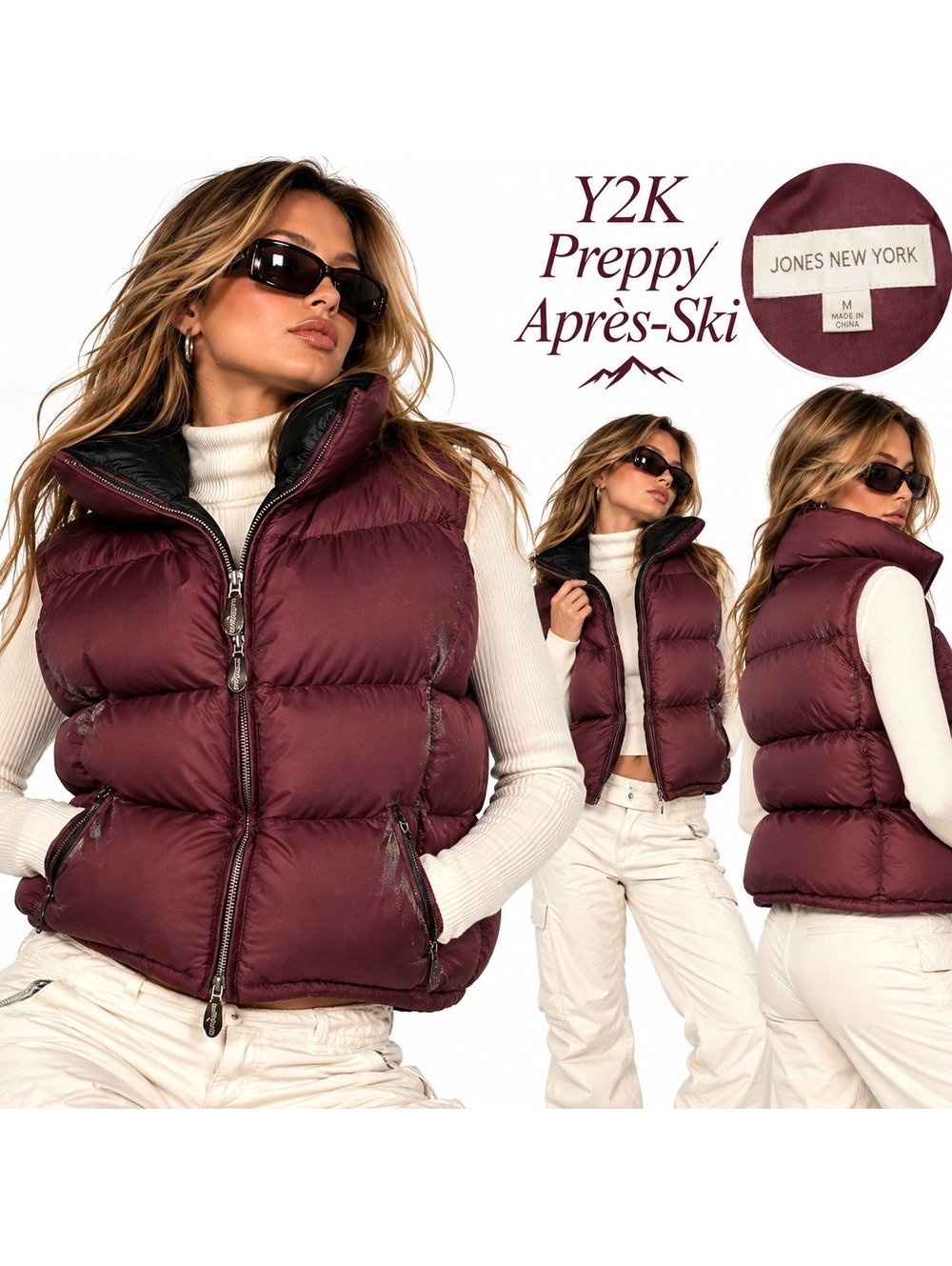Jones New York Burgundy Down Puffer Vest Size M Y2K